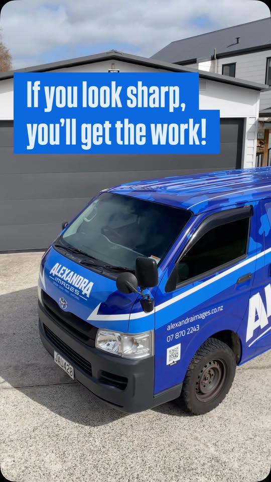 Alexandra Images van wrap, electric blue, parked outside the Te Awamutu workshop